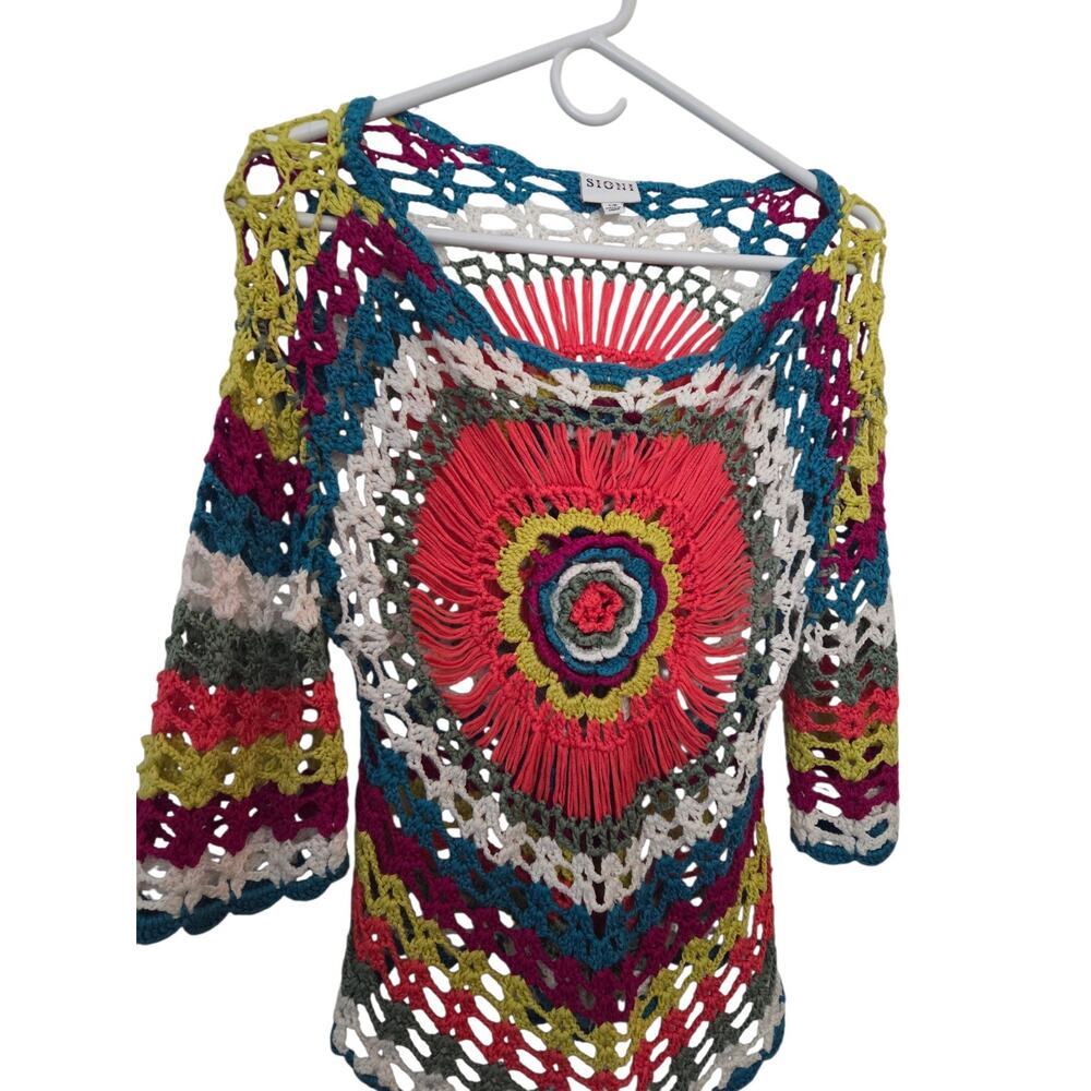 SIONI Rainbow Boho Crochet Knit Retro Hippie Top Sweater Size S / M - Picture 2 of 6